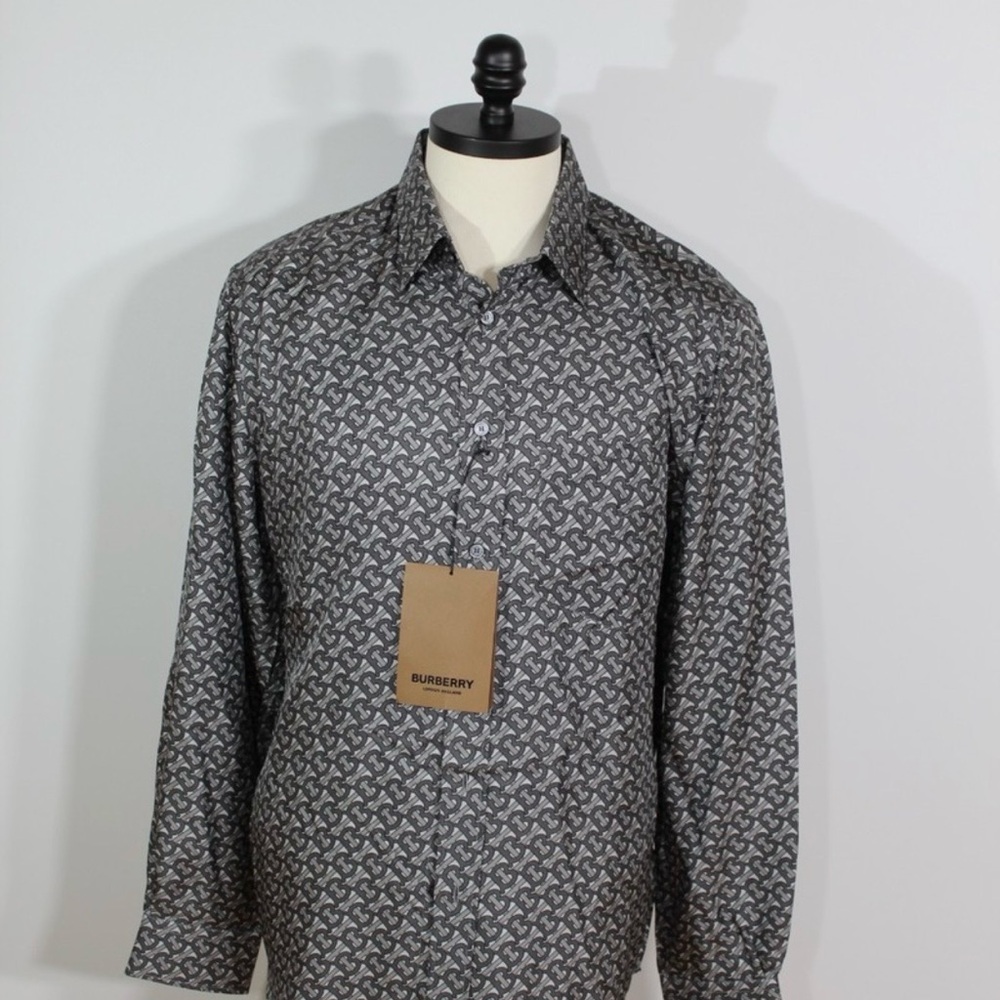Burberry Men’s Grey Printed Long-Sleeve Button-Down Shirt -Authentic Guarantee